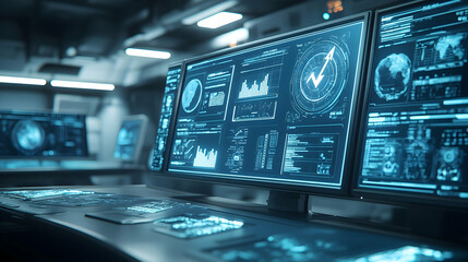 Poster - Multiple monitors displaying data analytics dashboards in a dark control room.