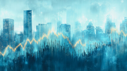 Poster - A city skyline with a blue background and a yellow line