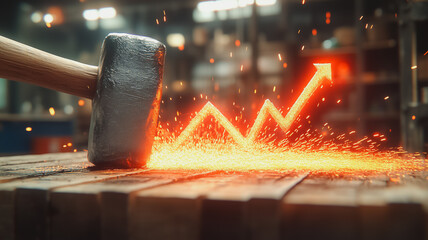 Poster - a hammer is used to smash a piece of wood, and a graph is drawn on the ground