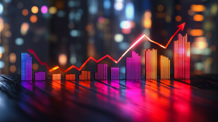 Poster - a colorful graph of buildings with a red arrow pointing upwards