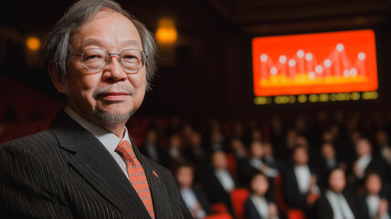 Poster - A man in a suit stands in front of a crowd of people. He is smiling and he is giving a speech. The audience is attentive and engaged, with many people looking at him. The atmosphere is one of respect