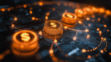 Poster - A close up of a computer screen with a bunch of dollar signs on it. The dollar signs are in different sizes and are scattered all over the screen. The image gives off a feeling of wealth and abundance
