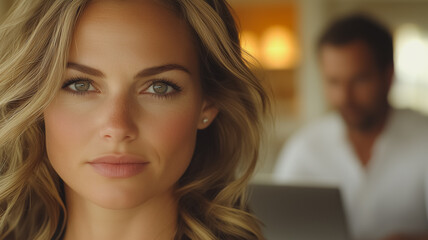 Poster - a woman with blonde hair and green eyes is looking at the camera