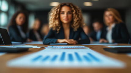 Poster - A woman with curly hair sits at a table with other people