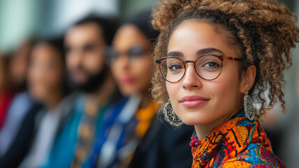 Poster - A woman with glasses and a colorful scarf is smiling at the camera
