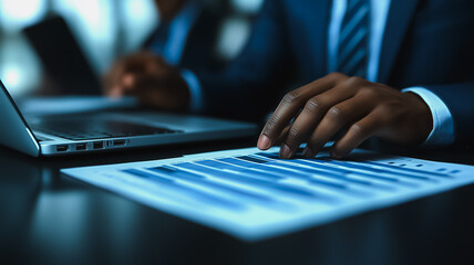 Poster - A man is typing on a laptop with a blue screen