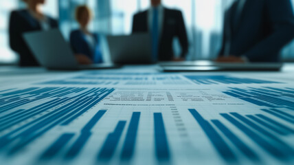 Poster - A group of people are sitting at a table with blue graphs and laptops
