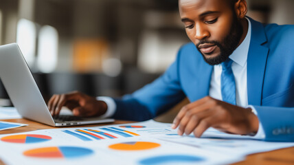 Poster - he is focused on the laptop screen and he is working on some financial data