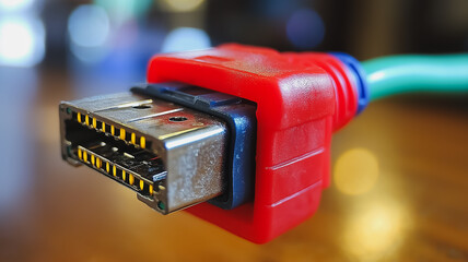 Poster - A red cable with a white plug on the end. The cable is plugged into a device