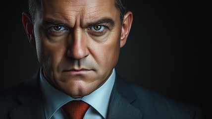 Poster - a man in a suit and tie with a red tie and a serious expression on his face