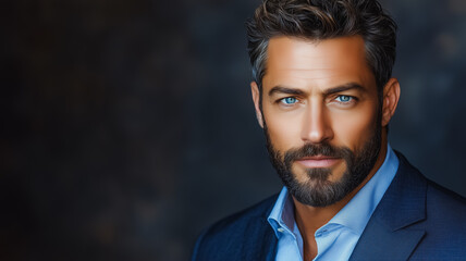 Poster - a man with a beard and blue suit is looking at the camera