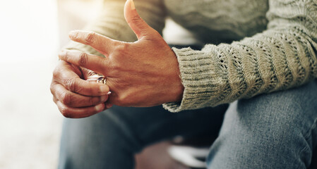 Poster - Hands, crisis and divorce with wedding ring as stress, anxiety and mistake in relationship or worry. Person, conflict and frustrated in thinking for depression, tension and mental health in therapy