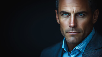 Poster - a man in a blue suit and tie with a serious expression on his face