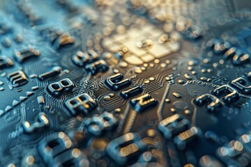 Poster - A detailed close-up of electronic circuitry, showcasing the complex pathways and components found on a microchip, emphasizing modern technology and design.