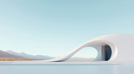 Poster - Minimalist Architectural Harmony, a blend of classical arches and contemporary curves set against the stunning Patagonia landscape, showcasing a dialogue between diverse geometries.