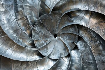 Poster - A detailed metal spiral artwork features swirling, textured layers creating an eye-catching display of craftsmanship and design in contemporary art.
