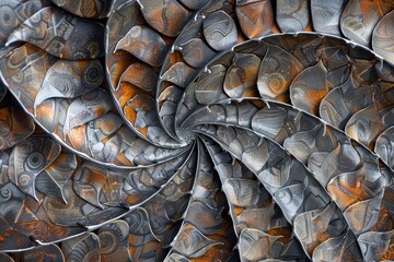 Poster - The striking spiral design features a complex arrangement of metallic shapes and intricate patterns, creating a mesmerizing visual experience.