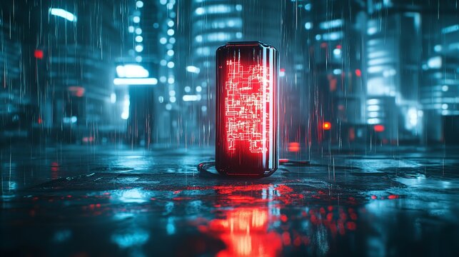 A futuristic scene featuring glowing neon lights and a circular platform, creating a sci-fi atmosphere.