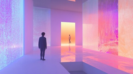 Aufkleber - Visitors explore a modern digital gallery filled with vibrant virtual artworks and engaging avatars in an immersive environment. Generative AI