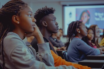 Poster - A group of diverse students is engaged in a classroom presentation, focusing intently on the speaker while seated at their desks in a modern educational setting.