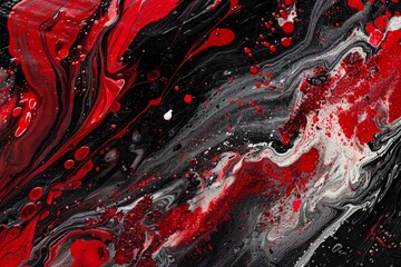 Poster - This artwork displays dynamic swirls of red, black, and white paint, creating an engaging abstract design full of energy and visual interest on a textured surface.