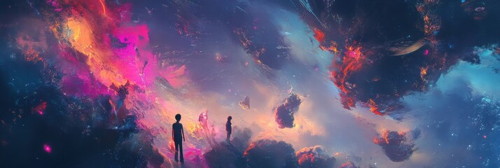 Aufkleber - Visitors engage with stunning digital artworks and avatars within a cosmic-themed virtual gallery that inspires creativity and imagination. Generative AI