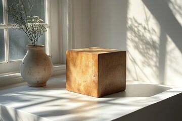 Poster - Minimalist Wooden Block Still Life Soft Light Shadow White Background