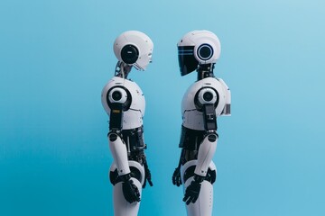 Poster - Two humanoid robots are positioned opposite each other on a solid blue backdrop. Their sleek design and detailed features highlight the progress in robotic technology.