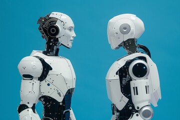 Poster - Two humanoid robots stand facing each other, highlighting their intricate designs and technology. The vibrant blue background enhances the focus on their features.