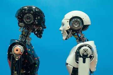 Poster - Two humanoid robots stand face-to-face, one black and one white, against a vibrant blue backdrop, highlighting their intricate designs and cutting-edge technology.