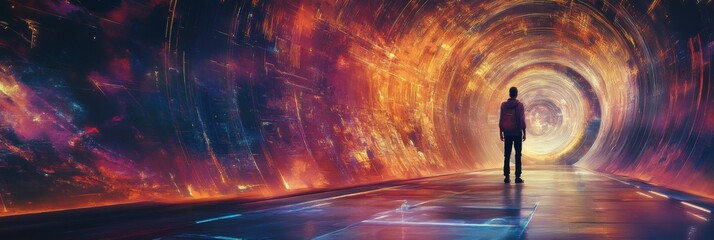 Poster - A person stands in a colorful digital gallery, surrounded by immersive virtual artworks and glowing avatars, creating a unique artistic experience. Generative AI