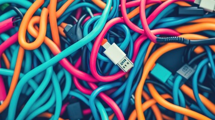 Poster - A tangled charging cable among neatly coiled ones, symbolizing diversity in order and chaos.