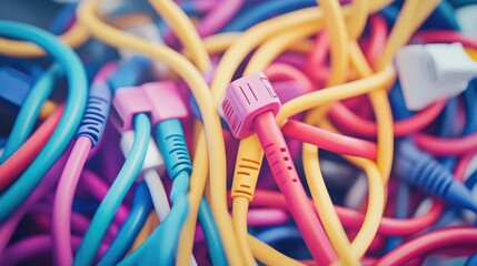 Poster - A tangled charging cable among neatly coiled ones, symbolizing diversity in order and chaos.