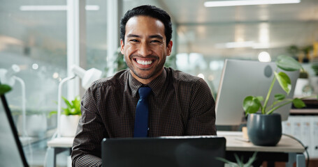 Fototapete - Businessman, portrait and office with smile, laptop and pride for bookkeeping as accountant. Male person, night and technology as finance agency, banking and investment opportunity for payroll in job