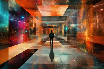 Fototapete - A visitor stands in a vibrant digital gallery surrounded by colorful virtual artworks with interactive avatars, experiencing a cosmic atmosphere. Generative AI