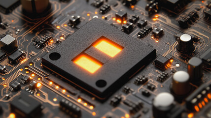 Poster - a close up of a computer chip with two orange lights on it