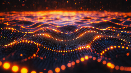 Poster - The image is a computer generated image of a wave with many glowing dots