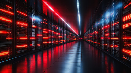 Poster - A long hallway with red and blue lights on the walls