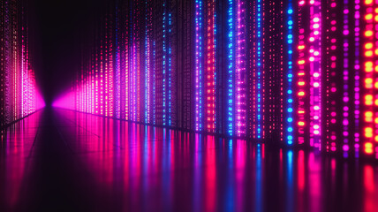 Poster - A long, narrow room with a purple and orange light strip running down the center
