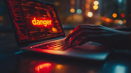 Poster - A person is typing on a laptop with the word Danger written on the screen
