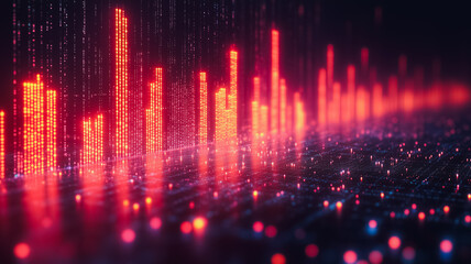 Poster - a computer generated image of a cityscape with red buildings and glowing lights