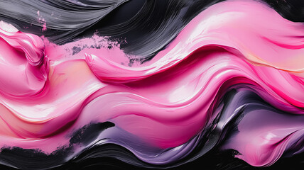 Poster - A painting of a pink and black wave with a pink and black swirl