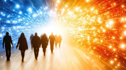 Poster - A high-tech digital corridor in radiant red and blue neon, with silhouetted travelers symbolizing exploration of cyber possibilities.