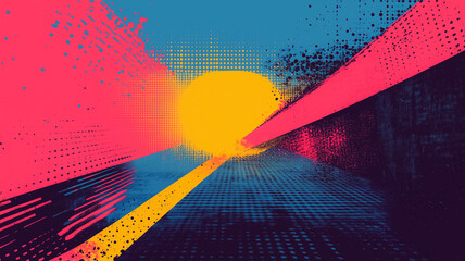 Poster - a colorful abstract painting with a yellow sun in the middle