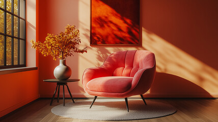Poster - A red chair sits in front of a window with a vase of flowers on a table