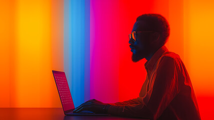 Poster - A man is sitting at a table with a laptop in front of him