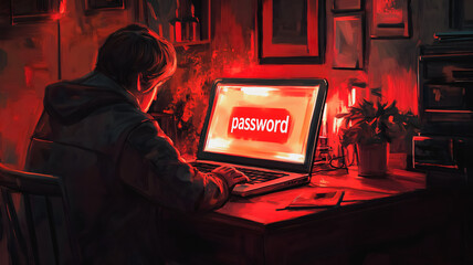 Poster - A man is sitting at a desk with a laptop open