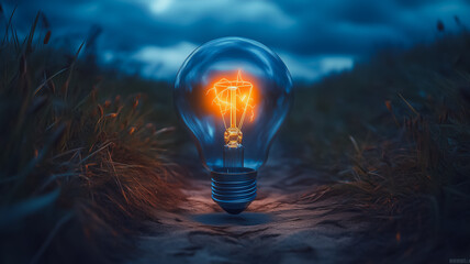 Poster - A light bulb is lit up in a field of grass