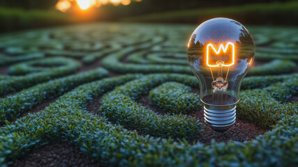 Poster - A light bulb is lit up in a field of grass
