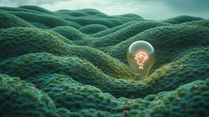 Poster - A glowing light bulb is placed in the middle of a lush green field. Concept of serenity and tranquility, as the bulb stands out against the natural backdrop of the grassy hill